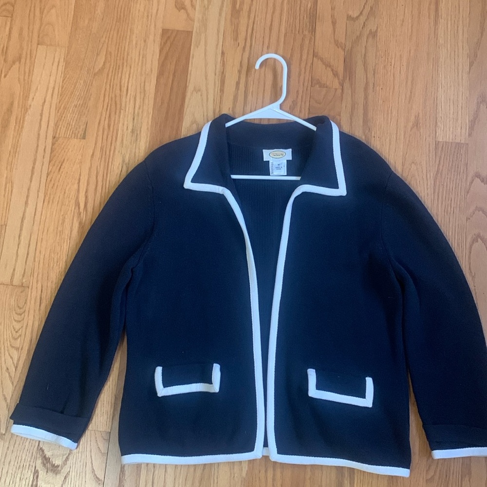 Talbots Medium Classic Navy with white trim Cardigan Jacket